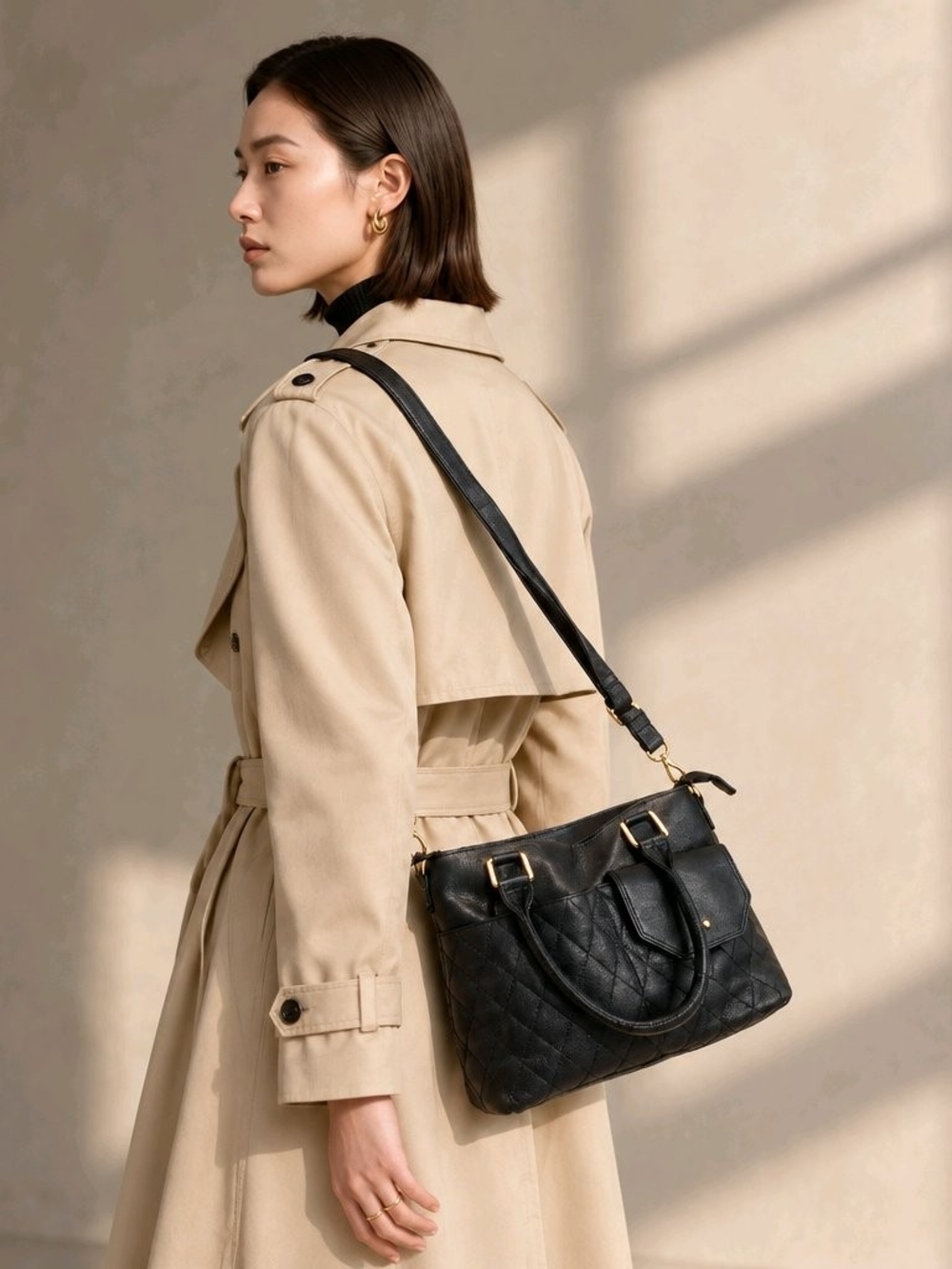 Great American Leatherworks Quilted Crossbody Satchel Handbag – Black